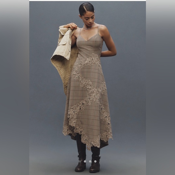 Mare Mare Ruffle Hem Slip Dress Brown Plaid Anthropologie BNWT small - Picture 4 of 9